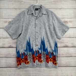 Vintage 90s Sideout Volleyball Flaming Tiki Hawaiian Shirt Mens M Gray Blue Red